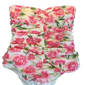 Zara Floral Ruched Strapless Bodysuit in Pink, Green, White